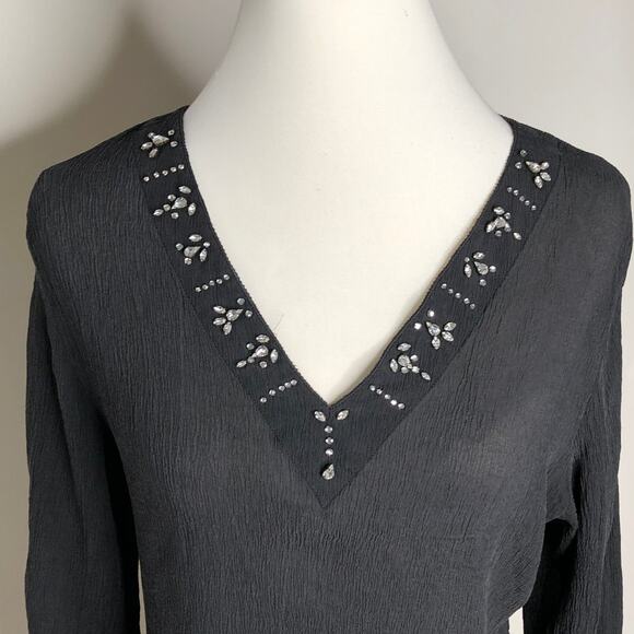Chicos V Neck Top Black Beaded Neck Line Small - Picture 2 of 5